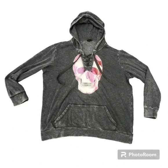 TORRID Skull Black Mineral Wash Lace-Up Fleece Hoodie size 0/12 - Picture 5 of 9
